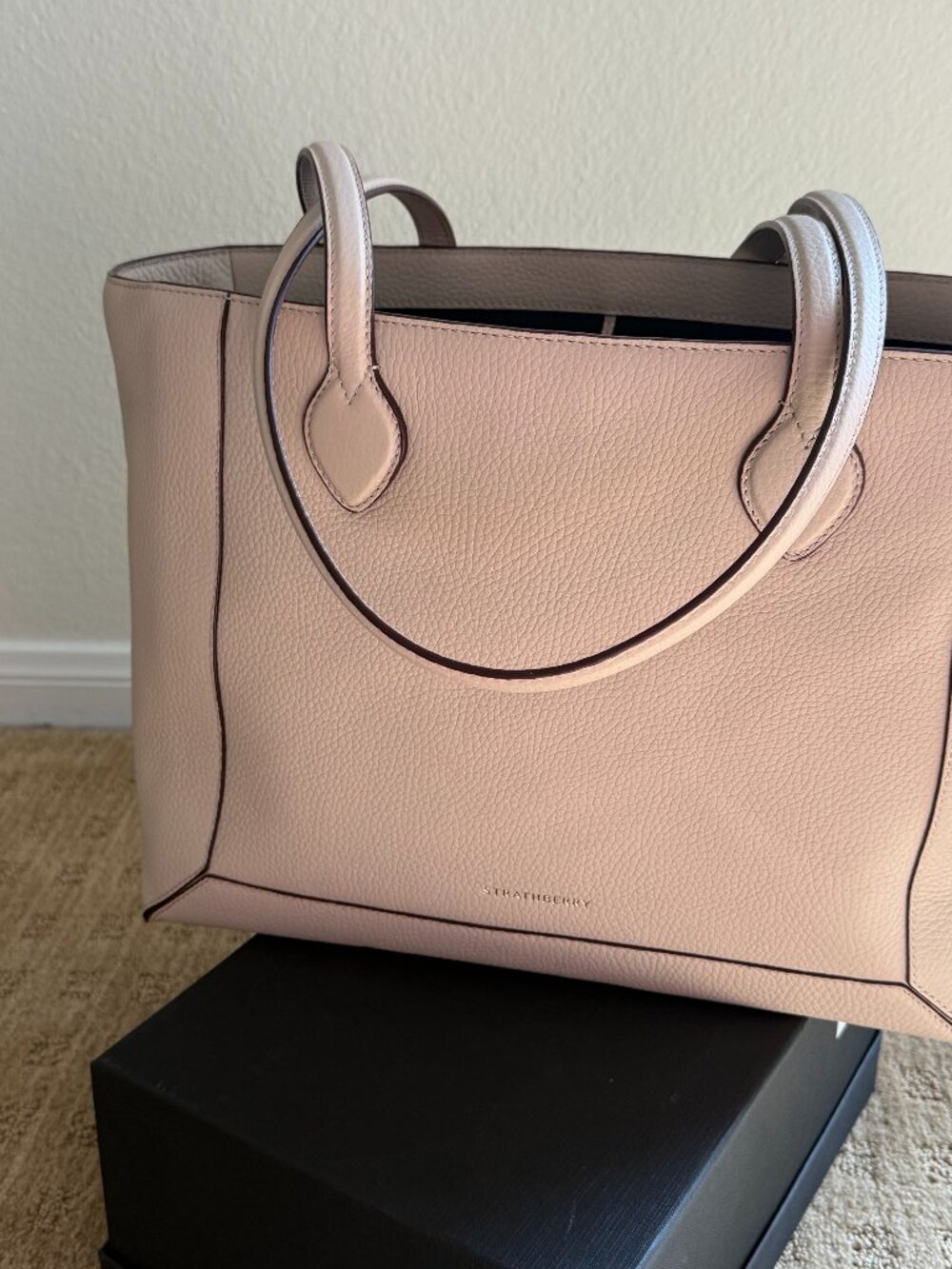 Strathberry Mosaic Shopper Tote in Oat with Burgundy Edge - New